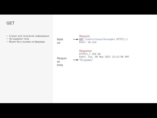 GET Request GET /users/vasya/messages HTTP/1.1 Host: vk.com Response HTTP/1.1 200