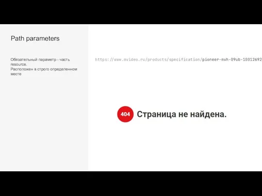 Path parameters Обязательный параметр - часть resource. Расположен в строго определенном месте https://www.mvideo.ru/products/specification/pioneer-mvh-09ub-10012692