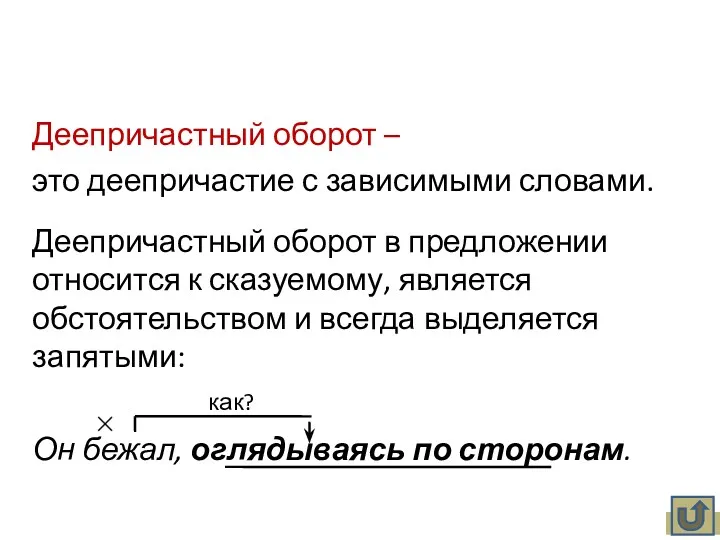 Деепричастный оборот – это деепричастие с зависимыми словами. Деепричастный оборот