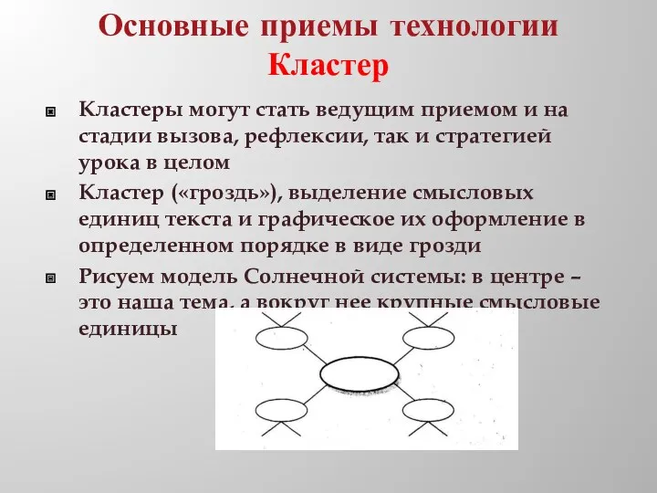 Основные приемы технологии Кластер Кластеры могут стать ведущим приемом и