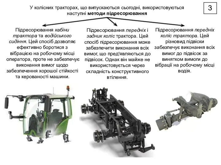 У колісних тракторах, що випускаються сьогодні, використовуються наступні методи підресорювання Підресорювання кабіни трактора
