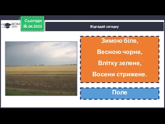 16.04.2023 Сьогодні Відгадай загадку Зимою біле, Весною чорне, Влітку зелене, Восени стрижене. Поле