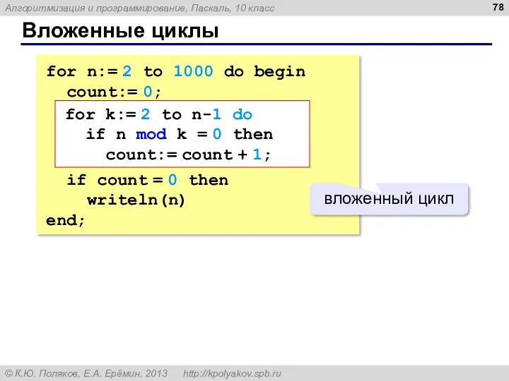 Вложенные циклы for n:= 2 to 1000 do begin count:=