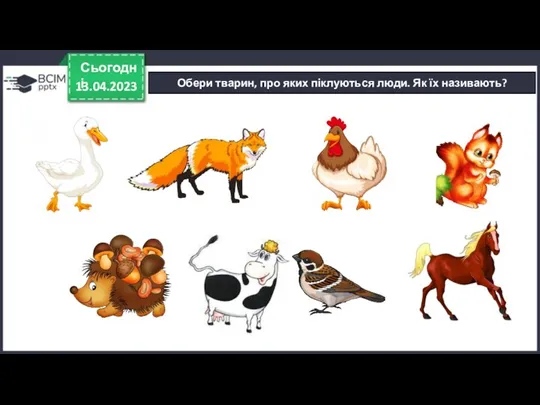 13.04.2023 Сьогодні Обери тварин, про яких піклуються люди. Як їх називають?