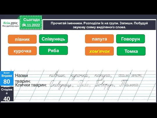 04.11.2022 Сьогодні Прочитай іменники. Розподіли їх на групи. Запиши. Побудуй звукову схему виділеного