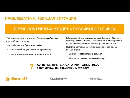 ПРОБЛЕМАТИКА. ТЕКУЩАЯ СИТУАЦИЯ 23 January 2023 Author, © Continental AG