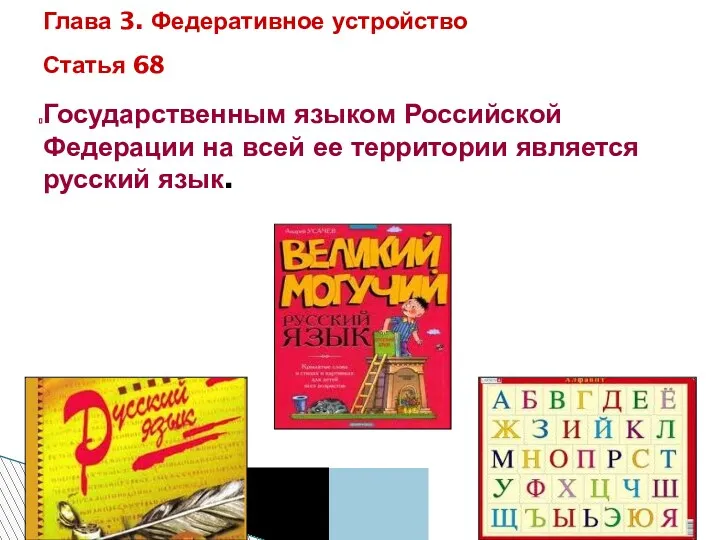 Государственным языком Российской Федерации на всей ее территории является русский язык. Глава 3.