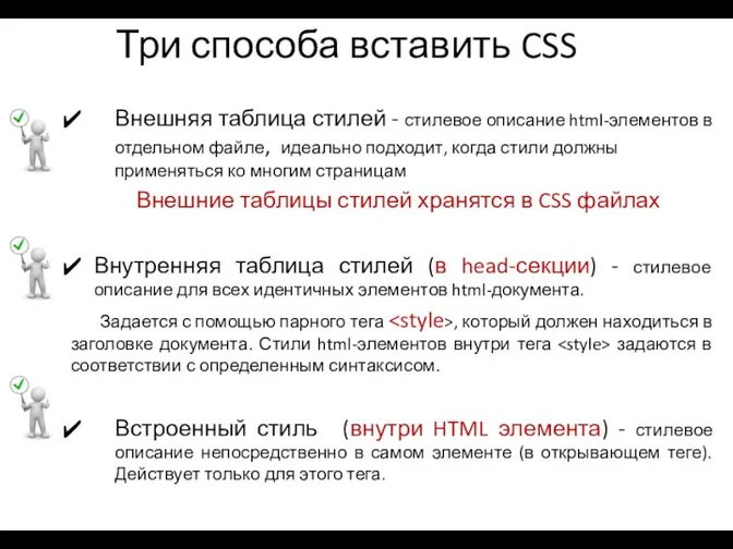 Три способа вставить CSS Внешняя таблица стилей - стилевое описание