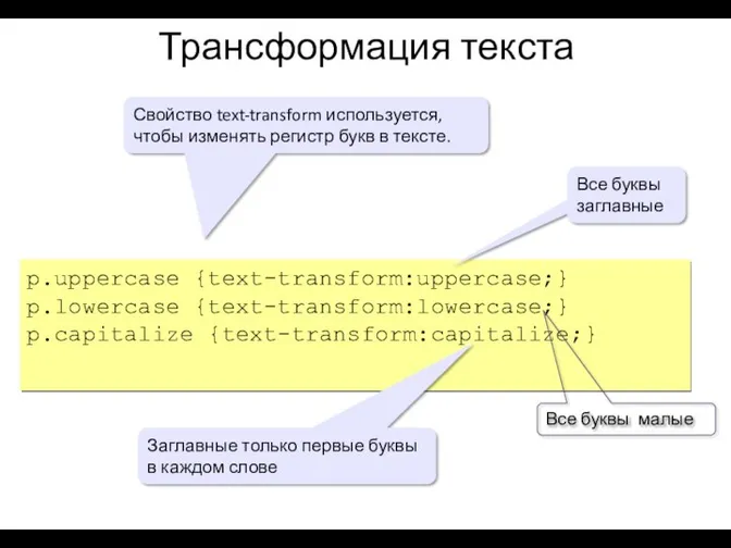 Трансформация текста p.uppercase {text-transform:uppercase;} p.lowercase {text-transform:lowercase;} p.capitalize {text-transform:capitalize;} Свойство text-transform