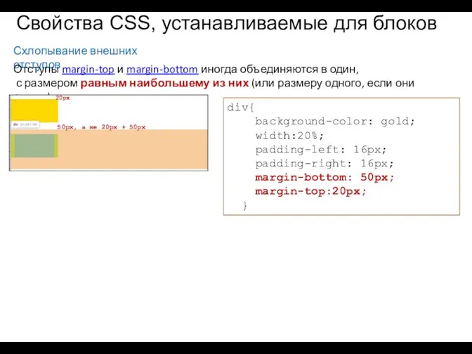 Схлопывание внешних отступов Свойства CSS, устанавливаемые для блоков Отступы margin-top