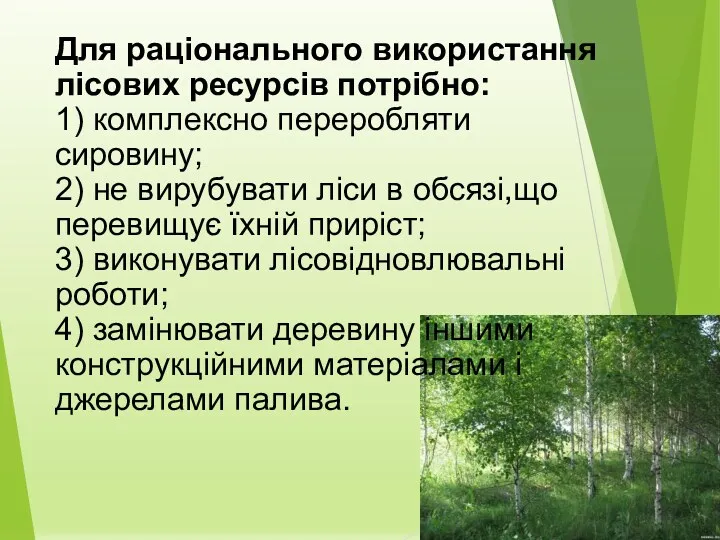 Для раціонального використання лісових ресурсів потрібно: 1) комплексно переробляти сировину;