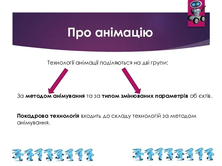 Про анімацію Технології анімації поділяються на дві групи: За методом