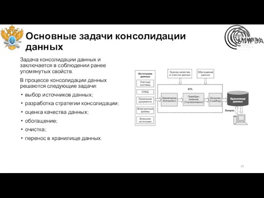 Основные задачи консолидации данных Задача консолидации данных и заключается в