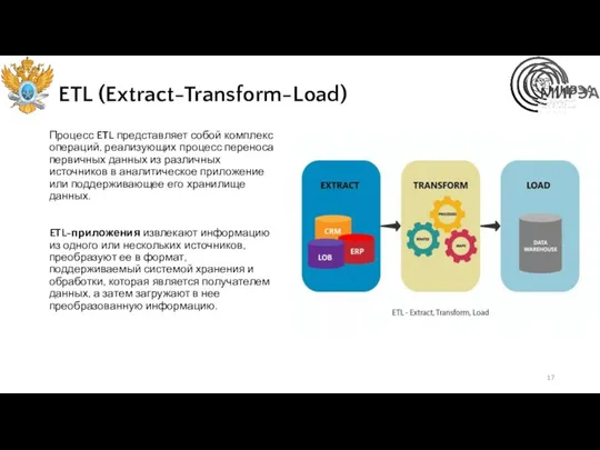 ETL (Extract-Transform-Load) Процесс ETL представляет собой комплекс операций, реализующих процесс