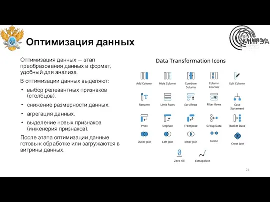 Оптимизация данных Оптимизация данных — этап преобразования данных в формат,