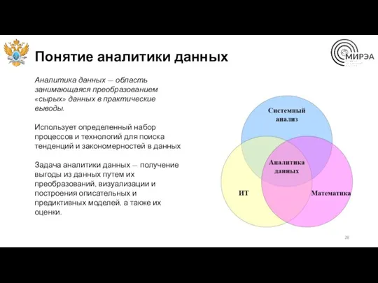 Понятие аналитики данных Аналитика данных — область занимающаяся преобразованием «сырых»