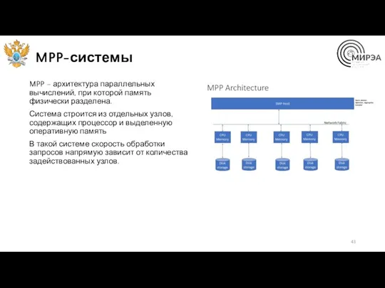 MPP-системы MPP – архитектура параллельных вычислений, при которой память физически