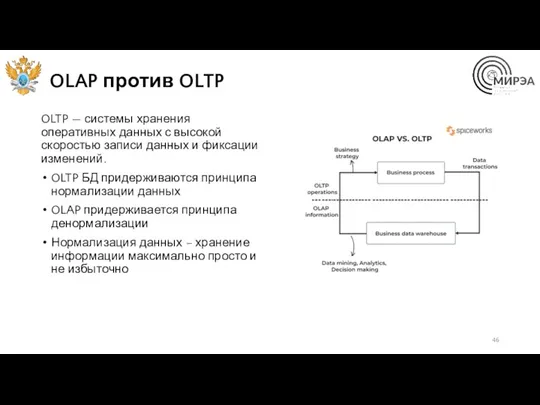 OLAP против OLTP OLTP — системы хранения оперативных данных с