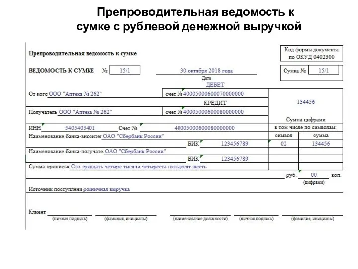 Препроводительная ведомость к сумке с рублевой денежной выручкой