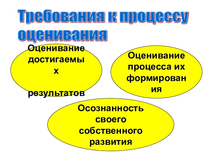 Требования к процессу оценивания Оценивание достигаемых результатов Оценивание процесса их формирования Осознанность своего собственного развития