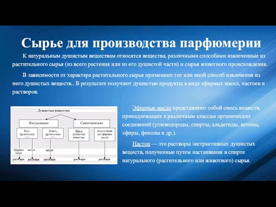 Сырье для производства парфюмерии Эфирные масла представляют собой смесь веществ,