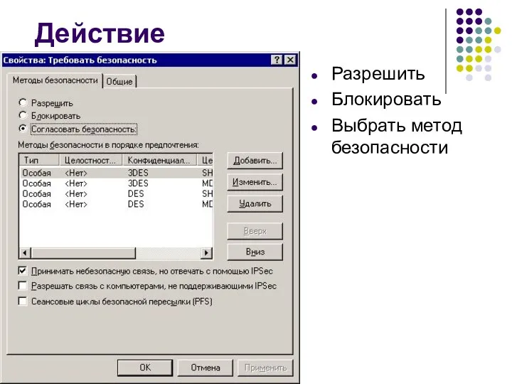 Действие Разрешить Блокировать Выбрать метод безопасности