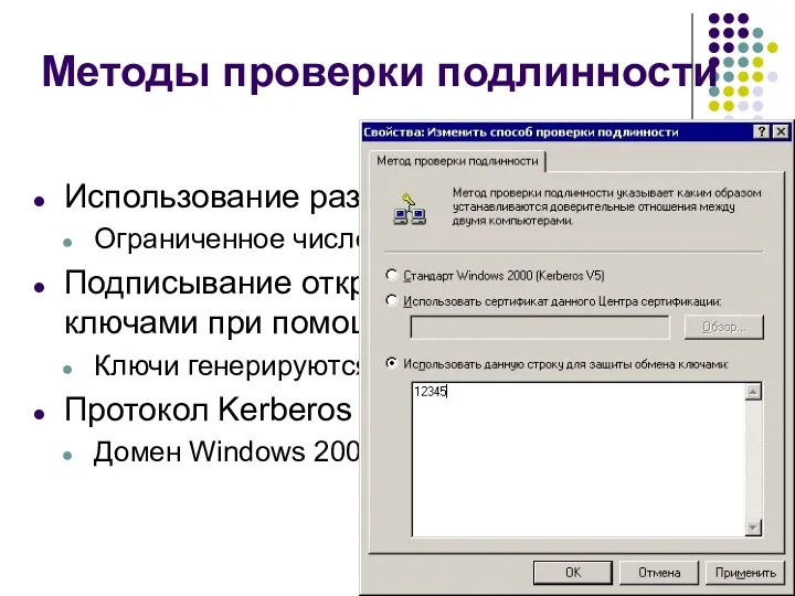 Методы проверки подлинности Использование разделяемых ключей Ограниченное число станций Подписывание