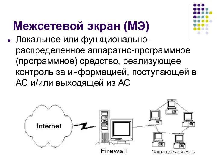 Межсетевой экран (МЭ) Локальное или функционально-распределенное аппаратно-программное (программное) средство, реализующее