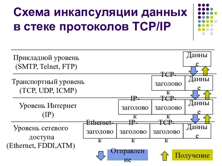 Схема инкапсуляции данных в стеке протоколов TCP/IP Прикладной уровень (SMTP,