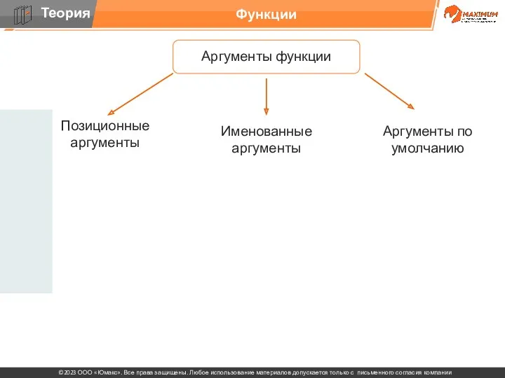 Функции Аргументы функции Позиционные аргументы Именованные аргументы Аргументы по умолчанию