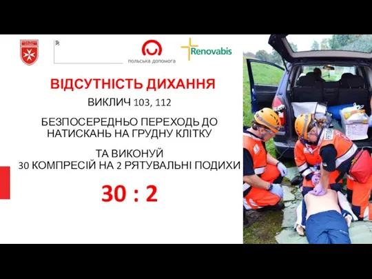 ВІДСУТНІСТЬ ДИХАННЯ ВИКЛИЧ 103, 112 БЕЗПОСЕРЕДНЬО ПЕРЕХОДЬ ДО НАТИСКАНЬ НА