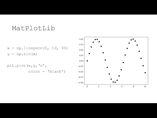 MatPlotLib x = np.linspace(0, 10, 30) y = np.sin(x) plt.plot(x,y,‘o’, color = ‘black’)