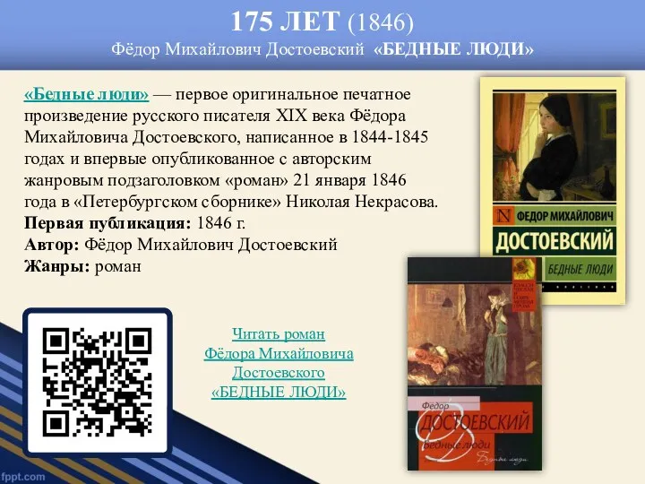 175 ЛЕТ (1846) Фёдор Михайлович Достоевский «БЕДНЫЕ ЛЮДИ» «Бедные люди»