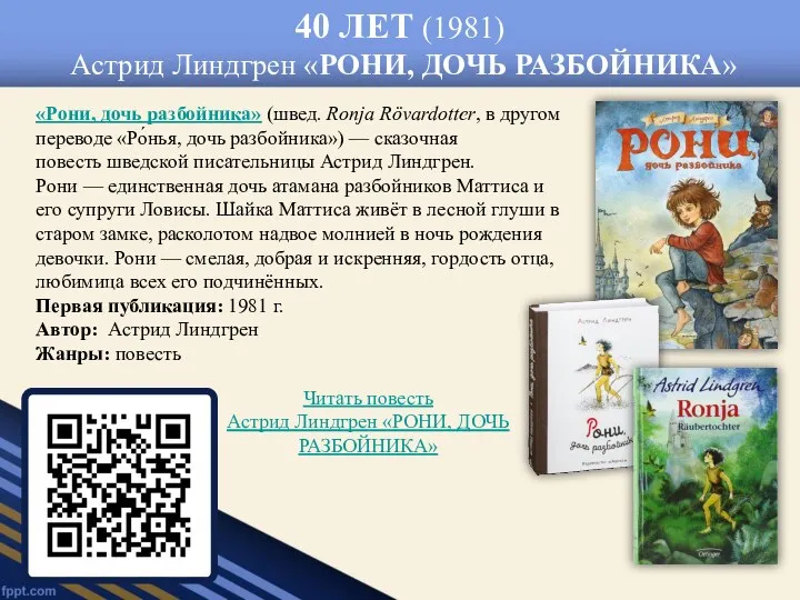 40 ЛЕТ (1981) Астрид Линдгрен «РОНИ, ДОЧЬ РАЗБОЙНИКА» «Рони, дочь