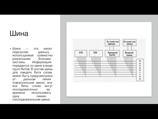 Шина Шина — это канал пересылки данных, используемый совместно различными