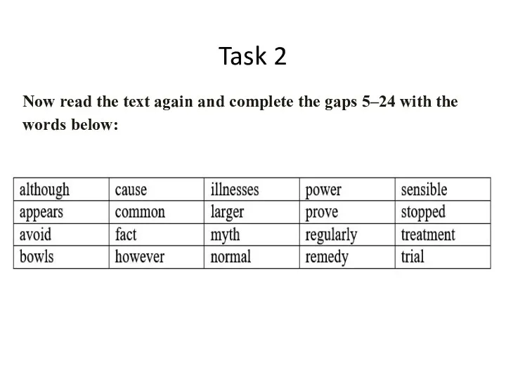Task 2 Now read the text again and complete the gaps 5–24 with the words below: