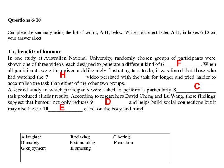 Questions 6-10 Complete the summary using the list of words,