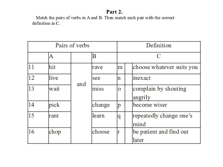 Part 2. Match the pairs of verbs in A and