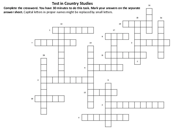Test in Country Studies Complete the crossword. You have 30
