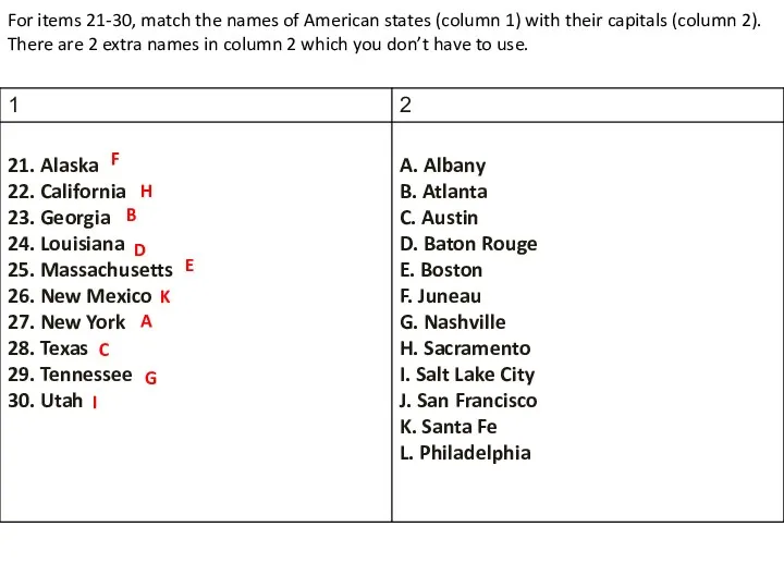 For items 21-30, match the names of American states (column
