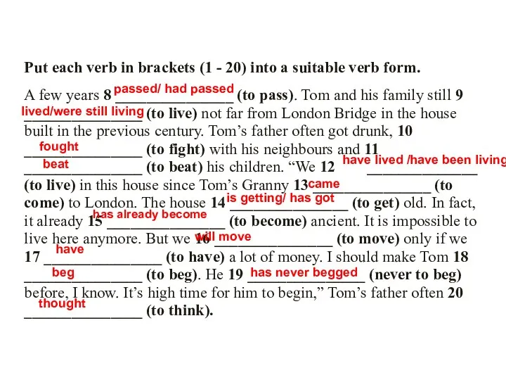 Put each verb in brackets (1 - 20) into a