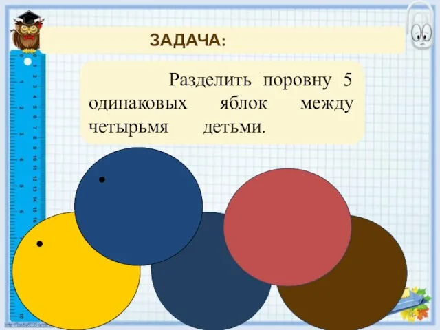 ЗАДАЧА: Разделить поровну 5 одинаковых яблок между четырьмя детьми. 2