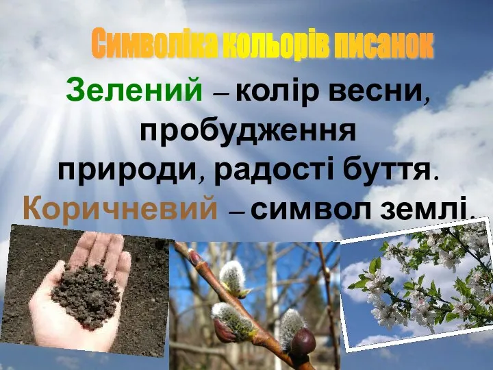 Символіка кольорів писанок Зелений – колір весни, пробудження природи, радості буття. Коричневий – символ землі.