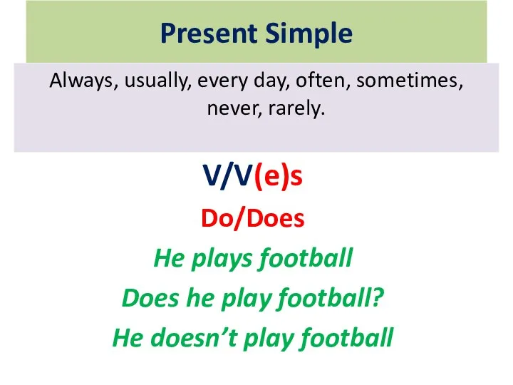 Present Simple V/V(e)s Do/Does He plays football Does he play