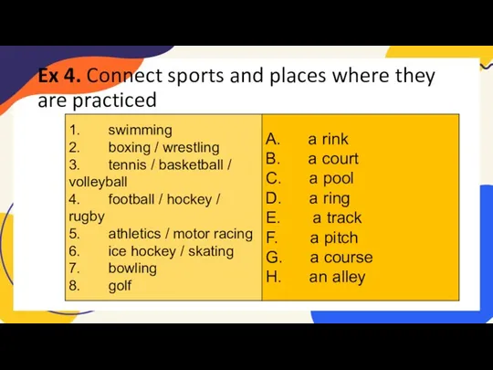 Ex 4. Connect sports and places where they are practiced