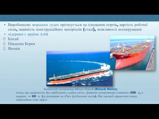 Виробництво морських суден орієнтується на існування портів, вартість робочої сили,