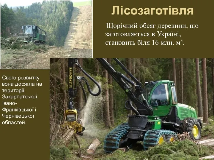 Лісозаготівля Щорічний обсяг деревини, що заготовляється в Україні, становить біля 16 млн. м3.