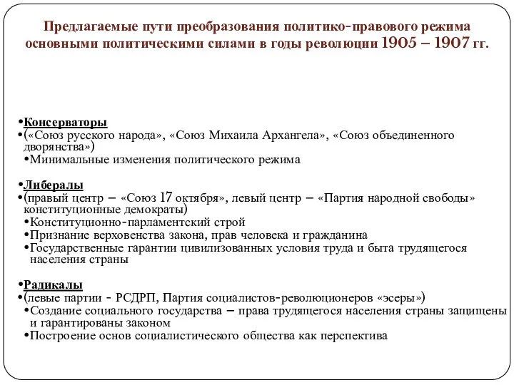 Консерваторы («Союз русского народа», «Союз Михаила Архангела», «Союз объединенного дворянства»)