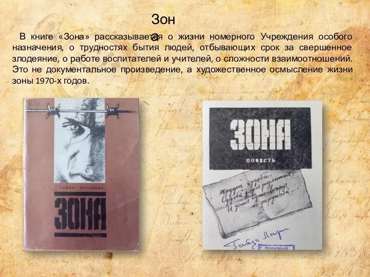 В книге «Зона» рассказывается о жизни номерного Учреждения особого назначения,