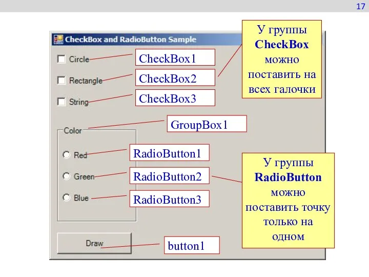 button1 RadioButton1 RadioButton2 RadioButton3 GroupBox1 CheckBox1 CheckBox2 CheckBox3 17 У